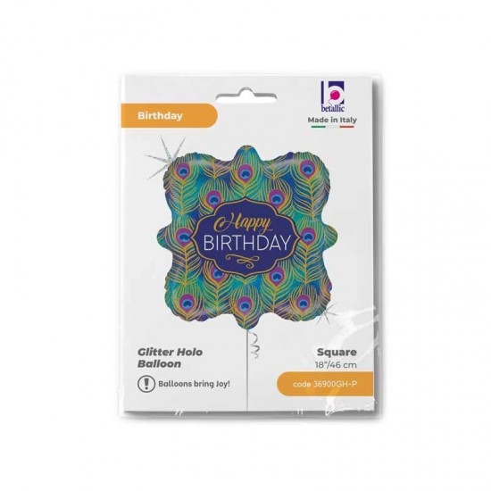 18'' Μπαλόνι Happy Birthday Φτερά Παγωνιού