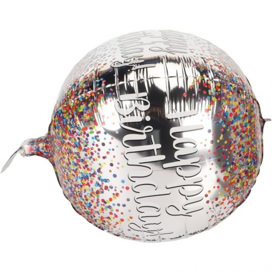 22" Μπαλόνι Ασημί Happy Birthday κομφετί