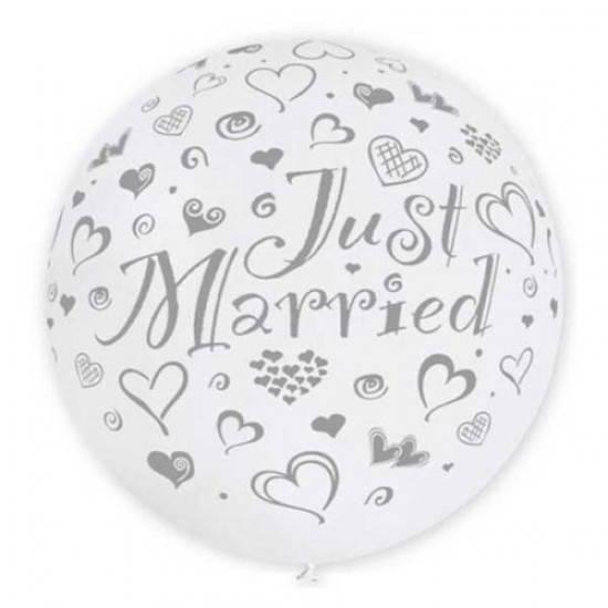 36'' Μπαλόνι Άσπρο τυπωμένο "Just Married" με καρδούλες