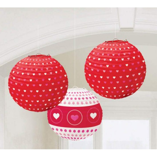 Χάρτινα φαναράκια Κόκκινα με καρδιές (3 τεμ)