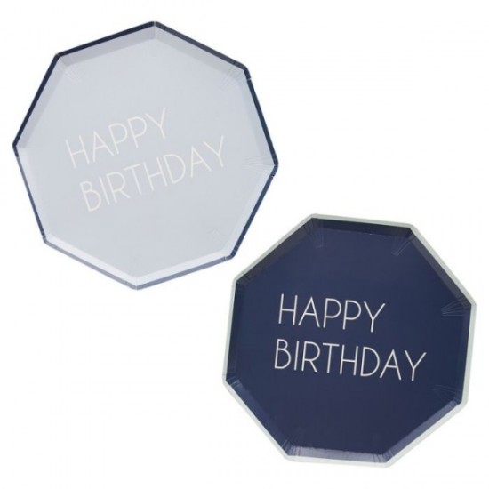 Χάρτινα Πιάτα Μπλε navy - Happy Birthday (8 τεμ)