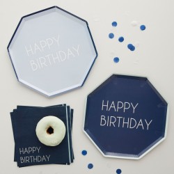 Χάρτινα Πιάτα Μπλε navy - Happy Birthday (8 τεμ)
