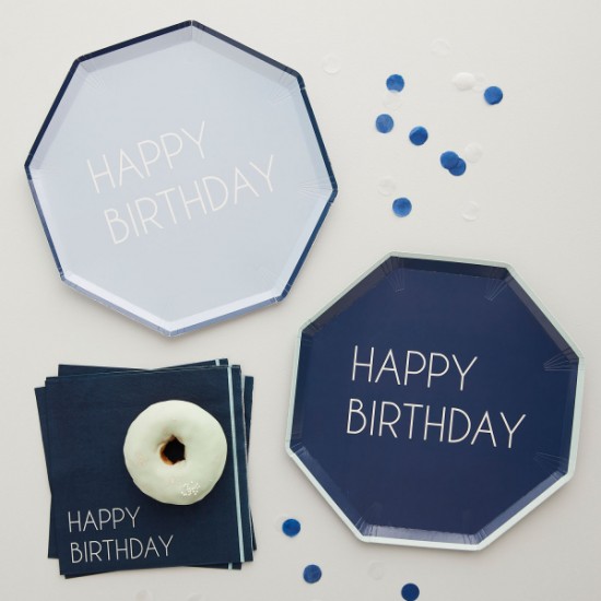 Χάρτινα Πιάτα Μπλε navy - Happy Birthday (8 τεμ)