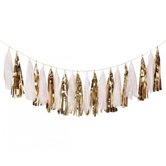 Χάρτινη Γιρλάντα με Φούντες Χρυσό & Άσπρο 2.5m