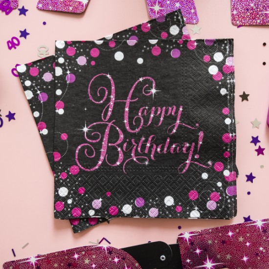 Χαρτοπετσέτες Ροζ Sparkling - Happy Birthday (16 τεμ)