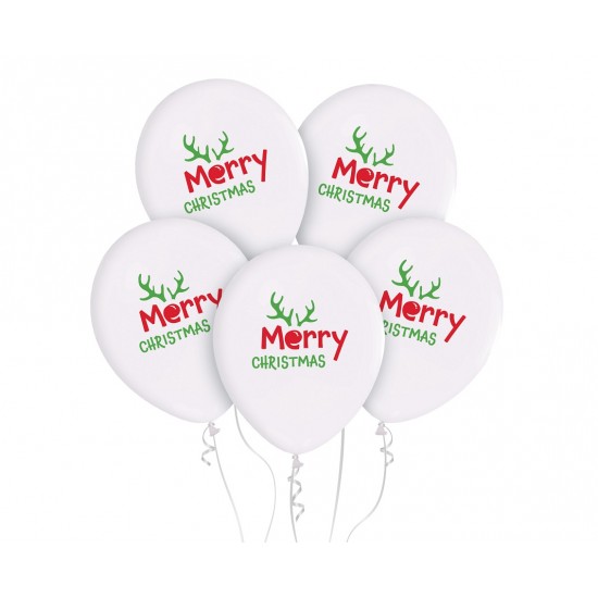 Λάτεξ Mπαλόνια Άσπρα Merry Christmas Ταρανδάκι (5 τεμ)