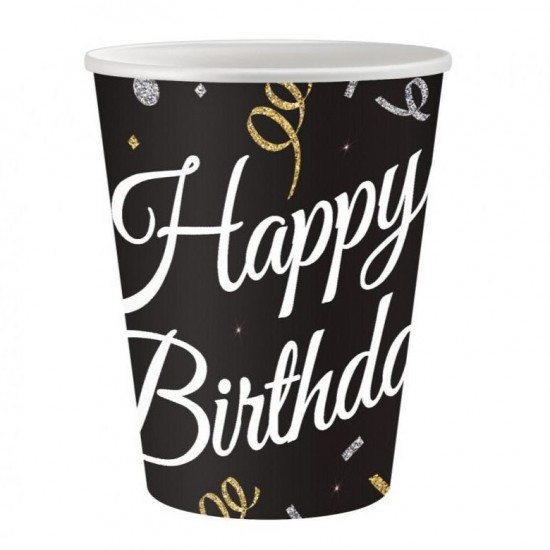 Μαύρα χάρτινα Ποτήρια - Happy Birthday (6 τεμ)
